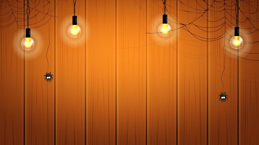 Halloween Banner or Background with light bulbs and cobwebs with hanging spiders on wooden wall vector