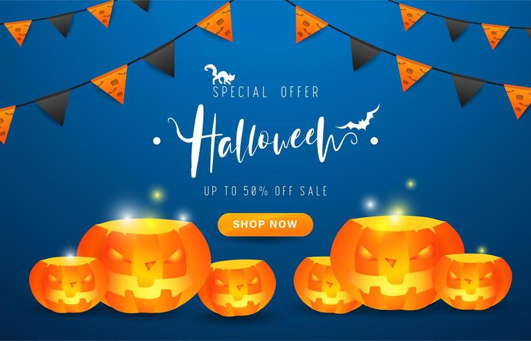 Halloween banner with black and orange flags and pumpkins vector