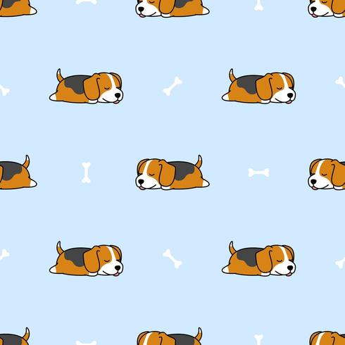 Cute beagle puppy sleeping with bone cartoon seamless pattern vector