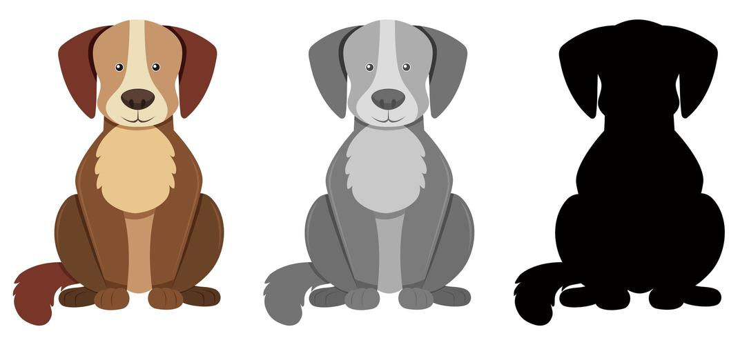 Conjunto de tres personajes de perro silueta y gris vector