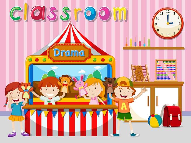 Children having puppet show in classroom  vector