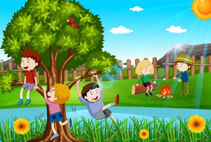 Children playing and having bonfire in the park vector