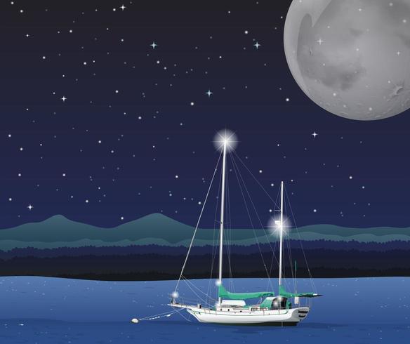 Ocean scene with sailboat  on full moon night vector