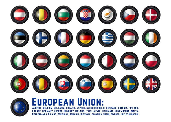 Conjunto de lente de cámara con banderas de la Unión Europea vector