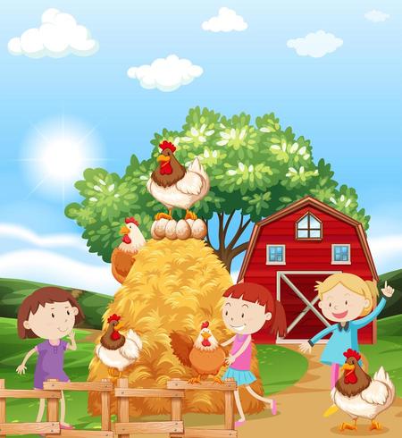 Girls and chickens on the farm  vector