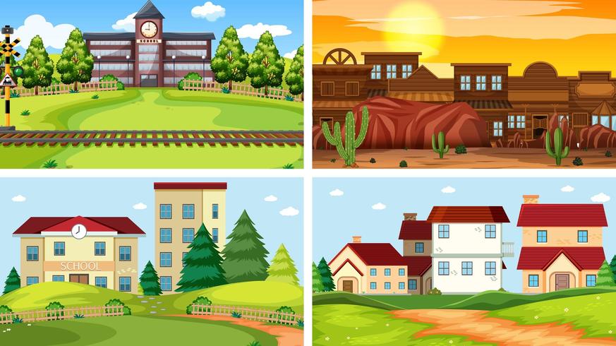 Set of four different scene of building exteriors  vector