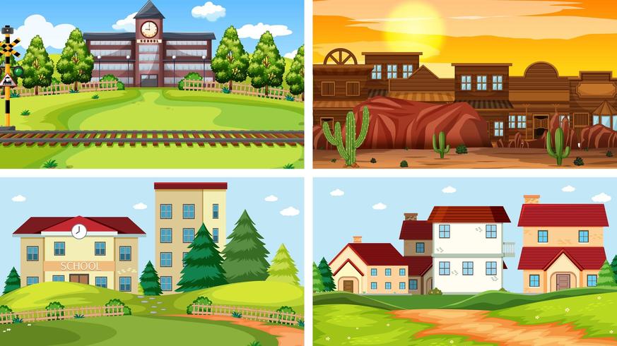 Set of four different scene of building exteriors  vector