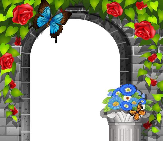 Scene with doorway in  brick wall and roses vector