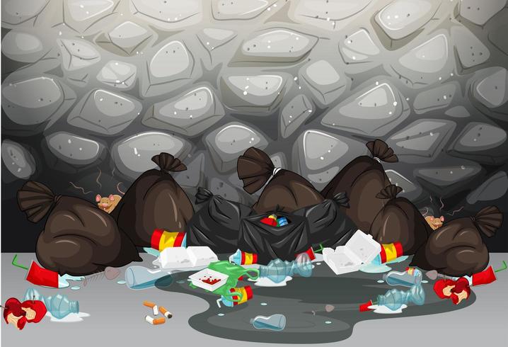 Pile of trash bags on the ground in front of wall vector