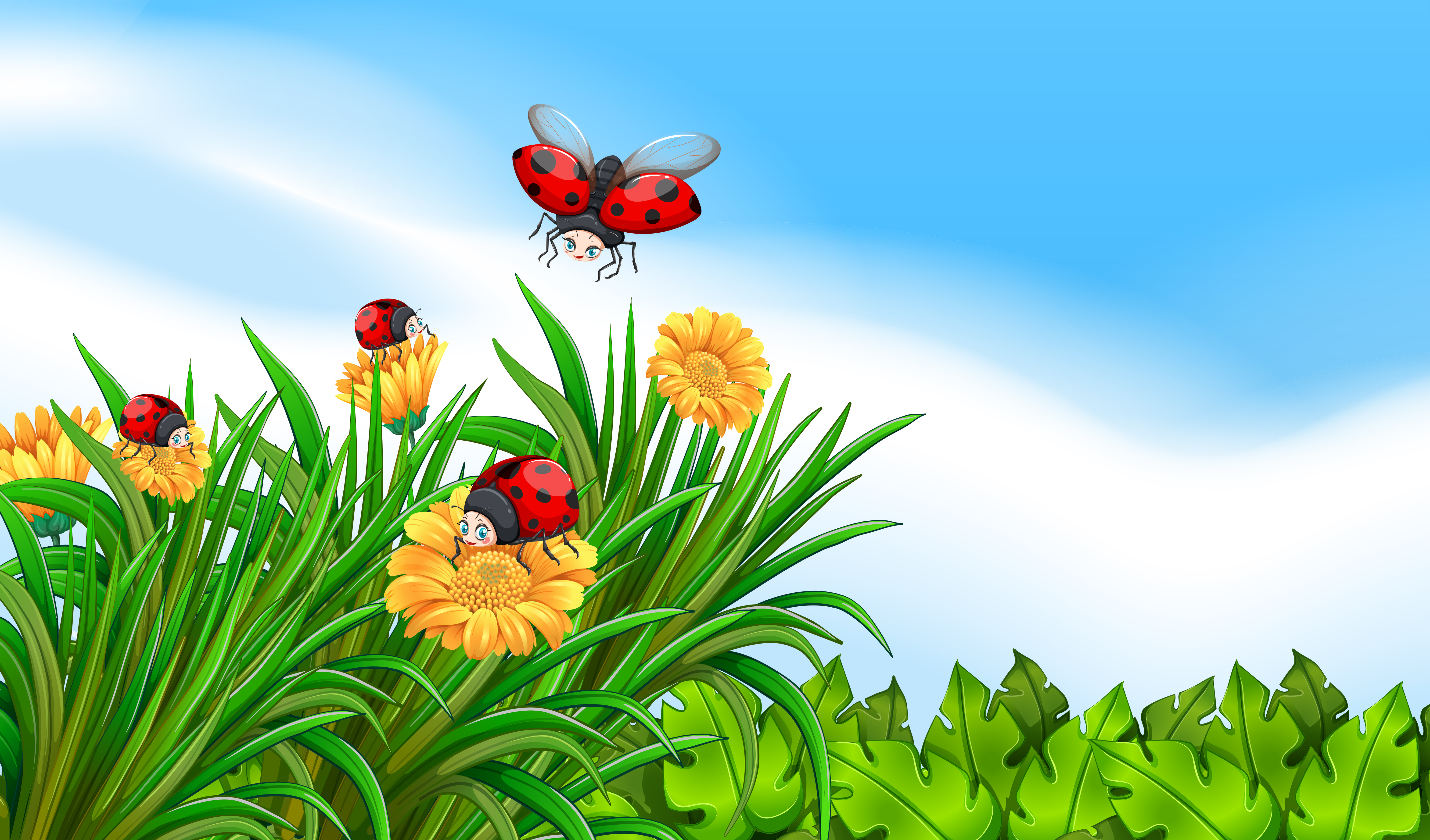 Scene with ladybugs flying in the garden 669143 - Download Free Vectors