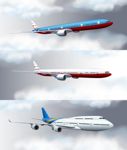 Three scenes with jet planes flying in sky vector