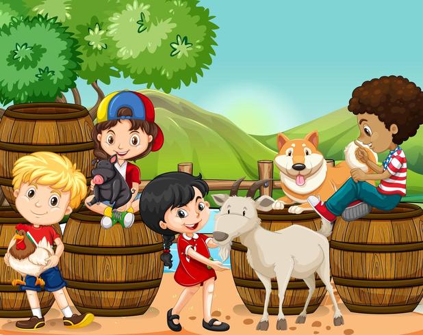 Niños y animales de granja. vector