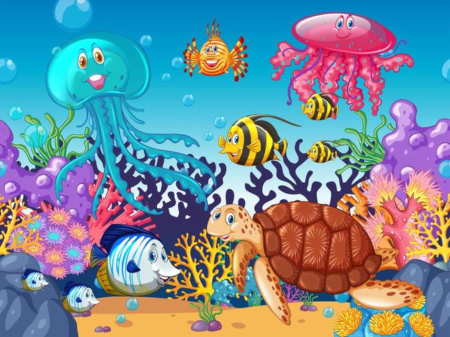 Escena con animales marinos bajo el océano cerca de los arrecifes de coral vector