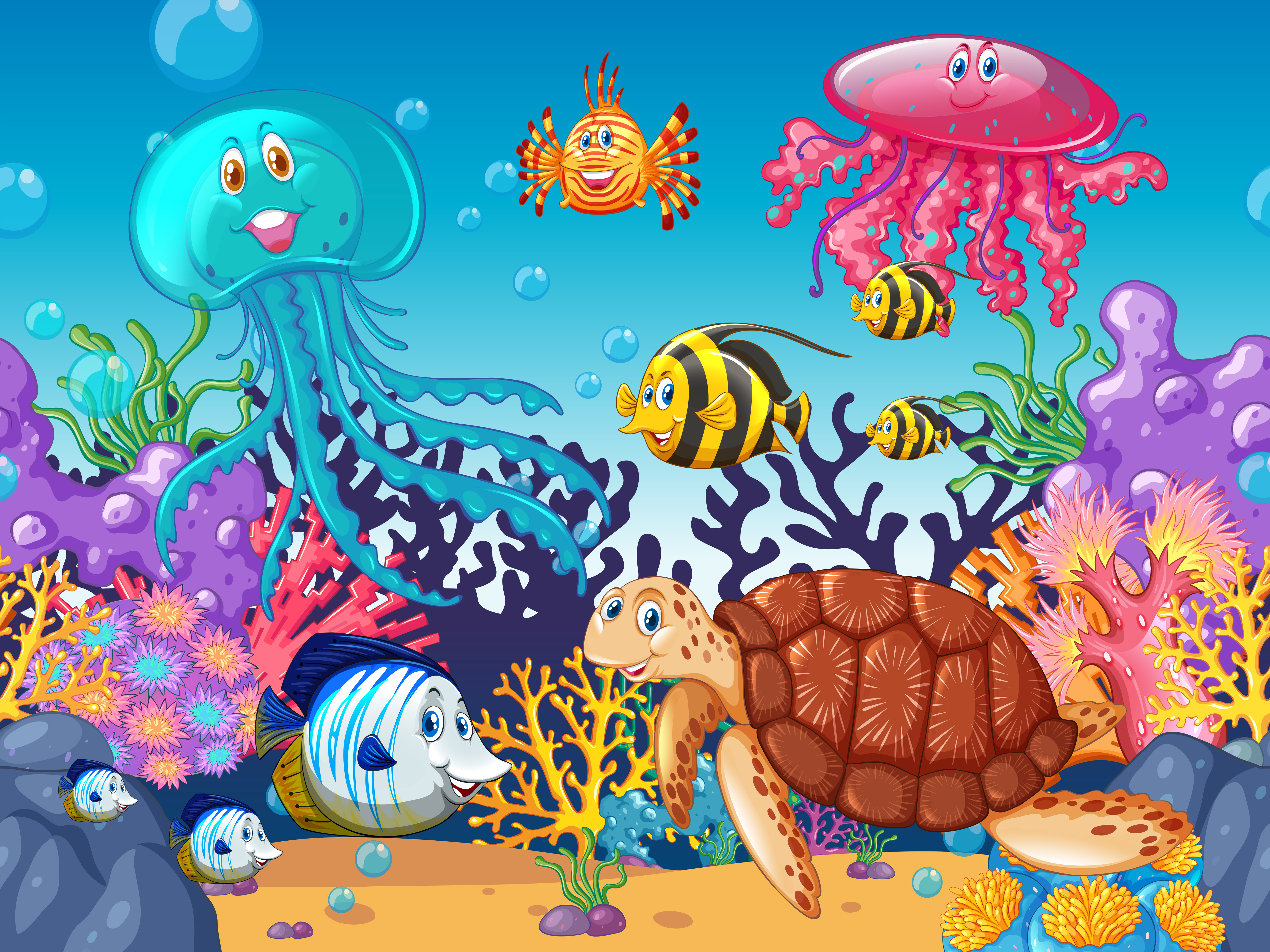 Scene with sea animals under the ocean near coral reef 669157 Vector