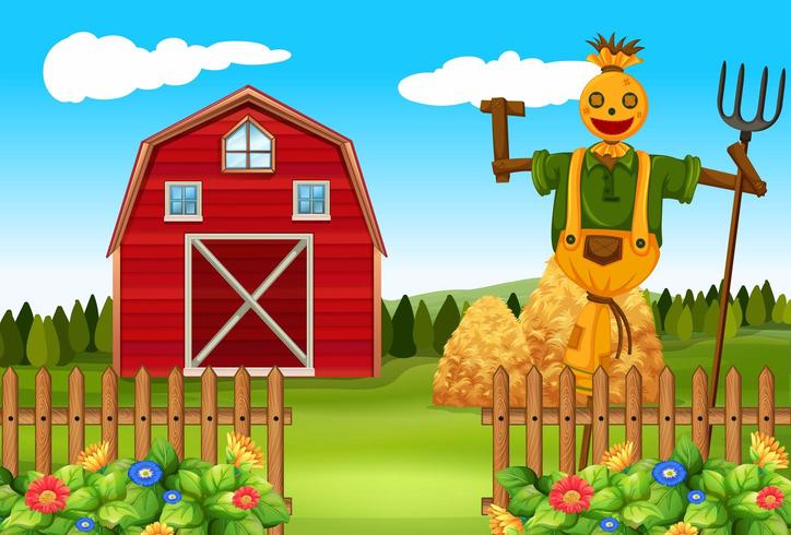 Scarecrow in the farmyard with barn vector