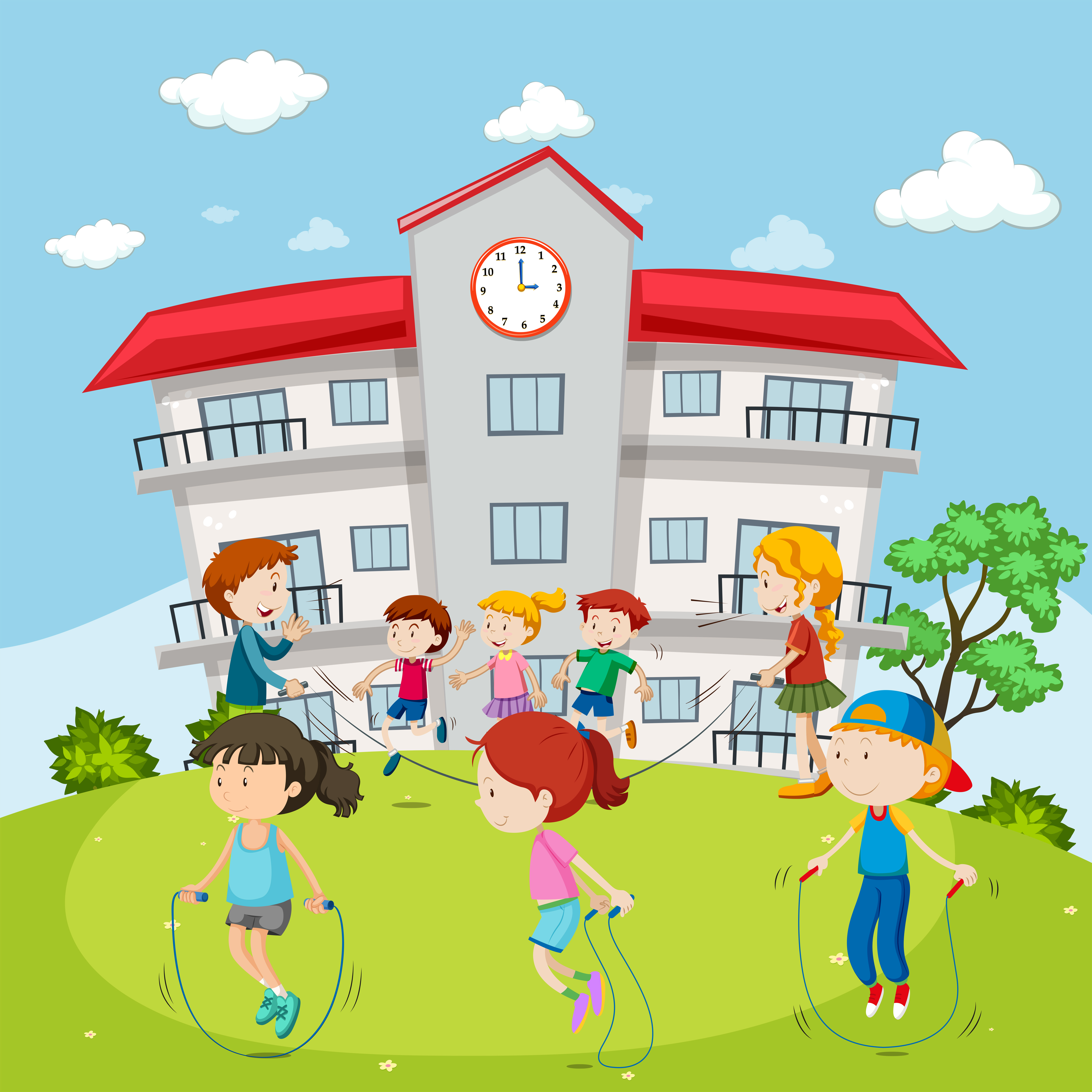 Kids jumping rope in front of school 669165 Vector Art at Vecteezy