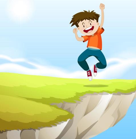 Boy jumping on the cliff vector