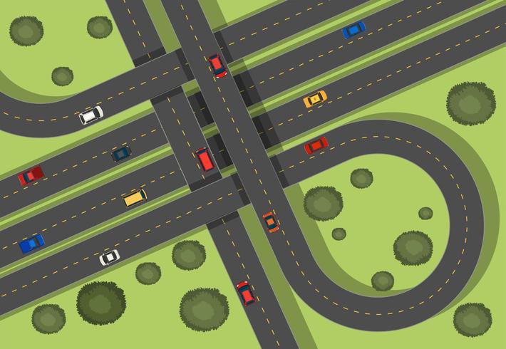 Aerial scene with roads and cars near grass  vector