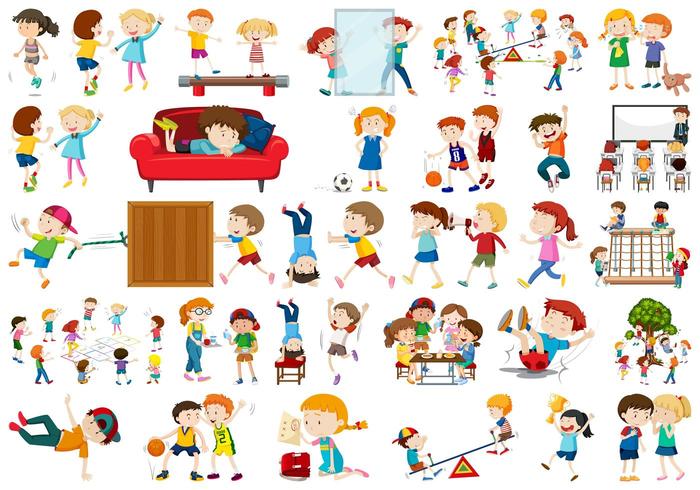 Conjunto de personajes infantiles activos vector