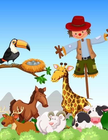 Many  animals and scarecrow in a field vector