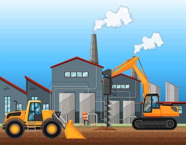 Two construction vehicles at factory scene  vector