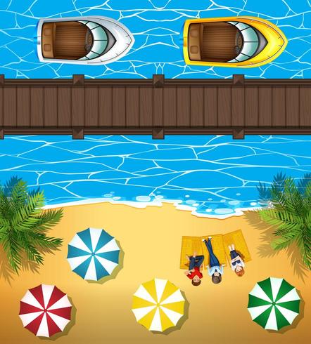Aerial view of people on the beach and boats in the sea vector