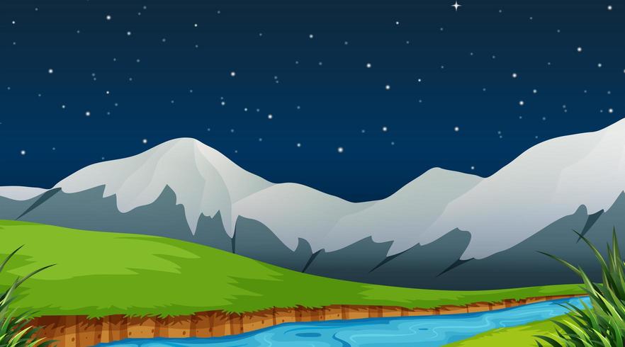 Escena nocturna con río y montañas. vector