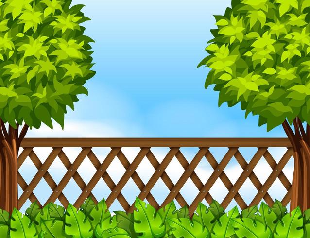 Garden scene with fence and trees vector