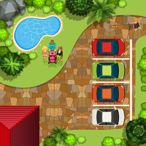 Top view park with people and cars vector