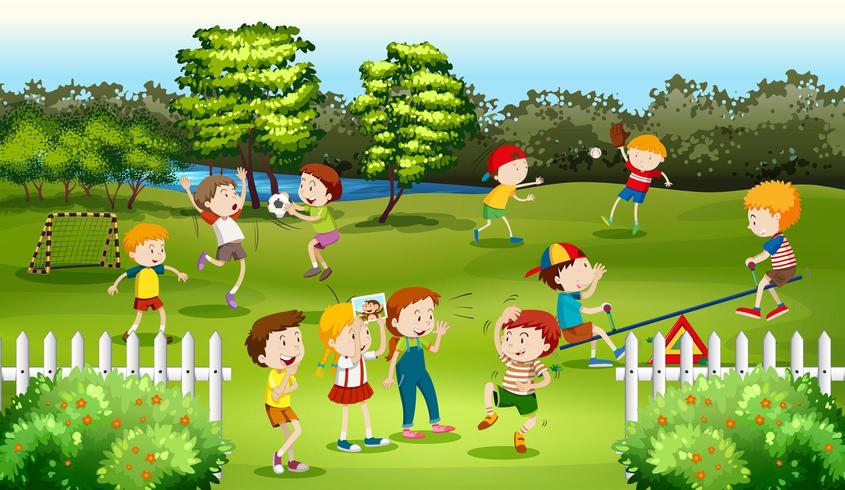 Children playing games in the park with fence vector