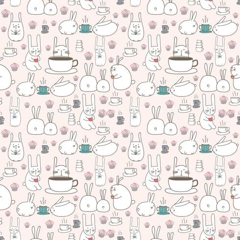 Cute bunny and coffee seamless background vector