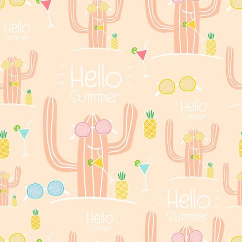 Hello Summer seamless cactus pattern background vector