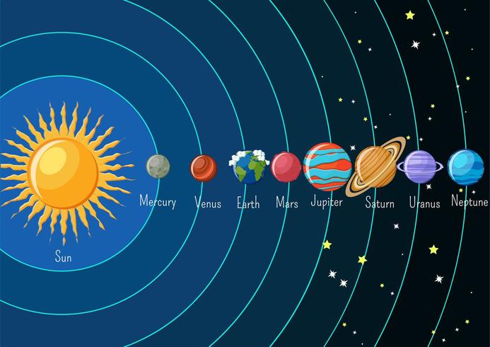 Infografía del sistema solar con sol y planetas orbitando alrededor y sus nombres. vector