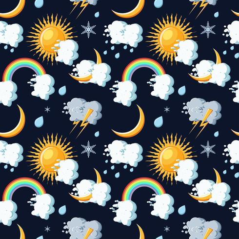 Patrón sin fisuras de los iconos del tiempo con sol, nubes, luna, arco iris, lluvia, nieve y rayos. vector