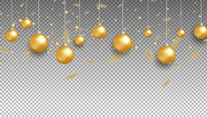 Gold balls and confetti on transparent background vector
