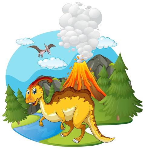 Escena con dinosaurios y volcan vector