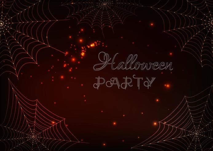Glowing spider webs and Halloween Party text on dark brown background vector