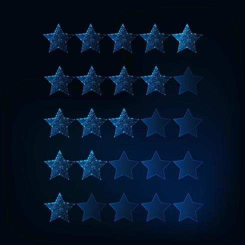 One to five stars rating system. Futuristic glowing low polygonal stars. vector