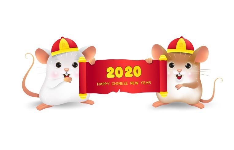 White and Brown Rat with 2020 Happy Chinese New Year vector