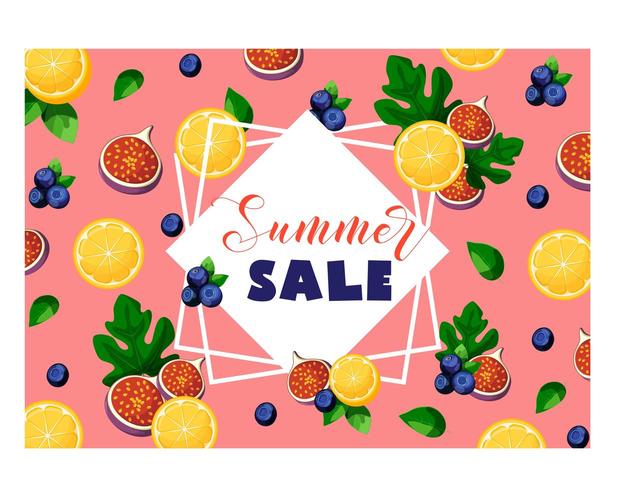 Banner de venta de verano con frutas y bayas limón, higos, arándanos y hojas vector