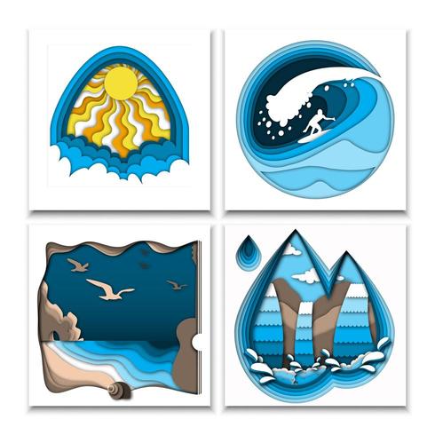 Paper cut out style summer posters with sun, surfer on ocean wave, sea beach and waterfall vector