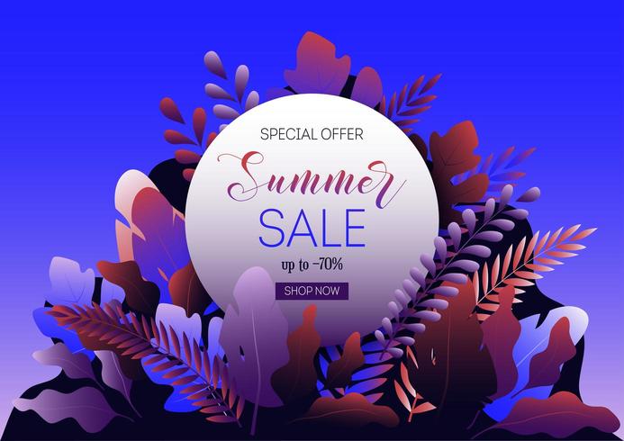 Summer sale web banner with forest leaves, round frame and promo text vector