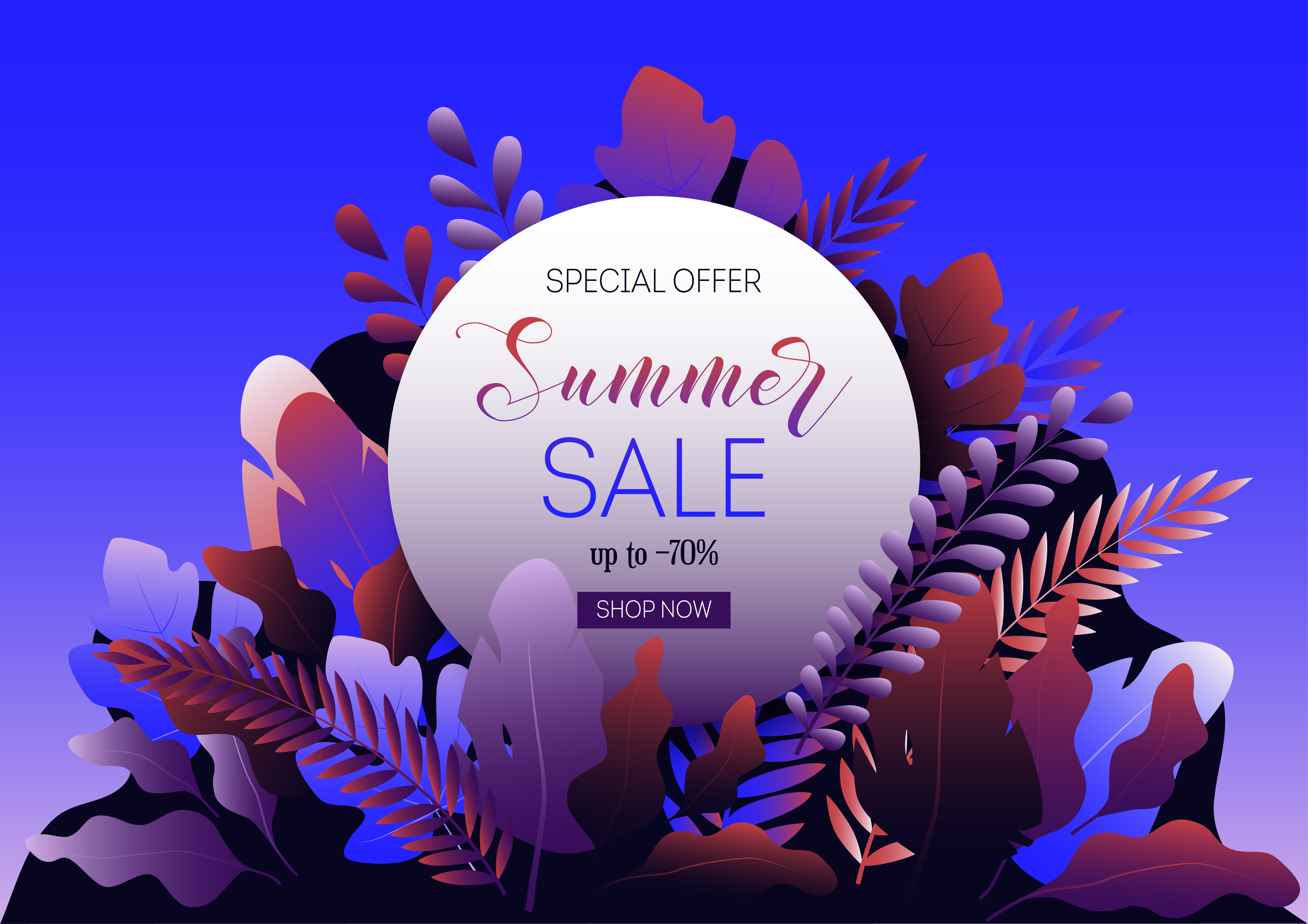 Summer Sale Web Banner With Forest Leaves Round Frame And Promo