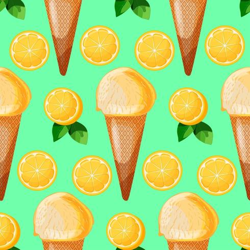 Lemon mint ice cream cone seamless patterns with lemon slices and green leaves vector