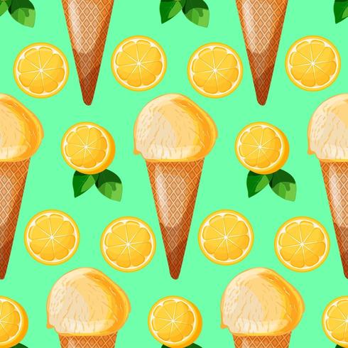 Lemon mint ice cream cone seamless patterns with lemon slices and green leaves vector