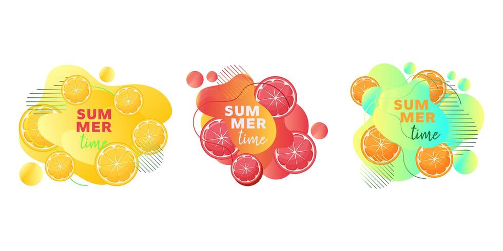 Banners web de horario de verano con frutas limón, naranja, pomelo y formas líquidas abstractas vector