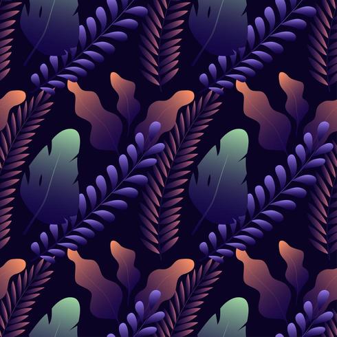 Seamless pattern with different exotic leaves on dark blue background. vector