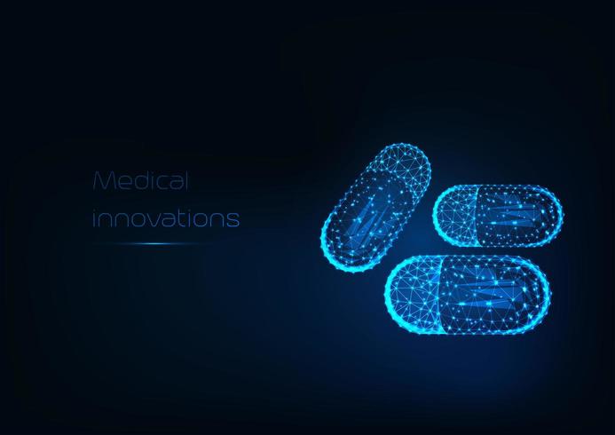 Futuristic glowing low polygonal drug capsules and text Medical innovation vector