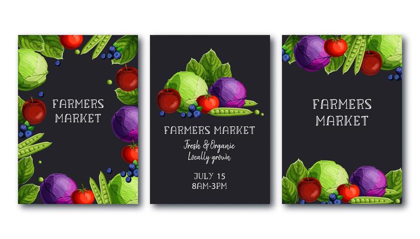 Plantilla de póster del mercado de agricultores con frutas y verduras frescas y texto vector