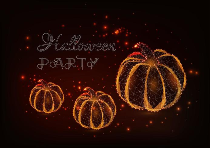 Three glowing low polygonal pumpkins, stars and Halloween party text vector